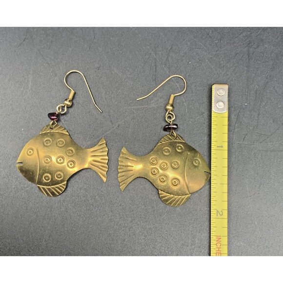 Vintage Dangle Brass & Amethyst Stone Handmade Fish Dangle Pierced Earrings - Picture 5 of 5